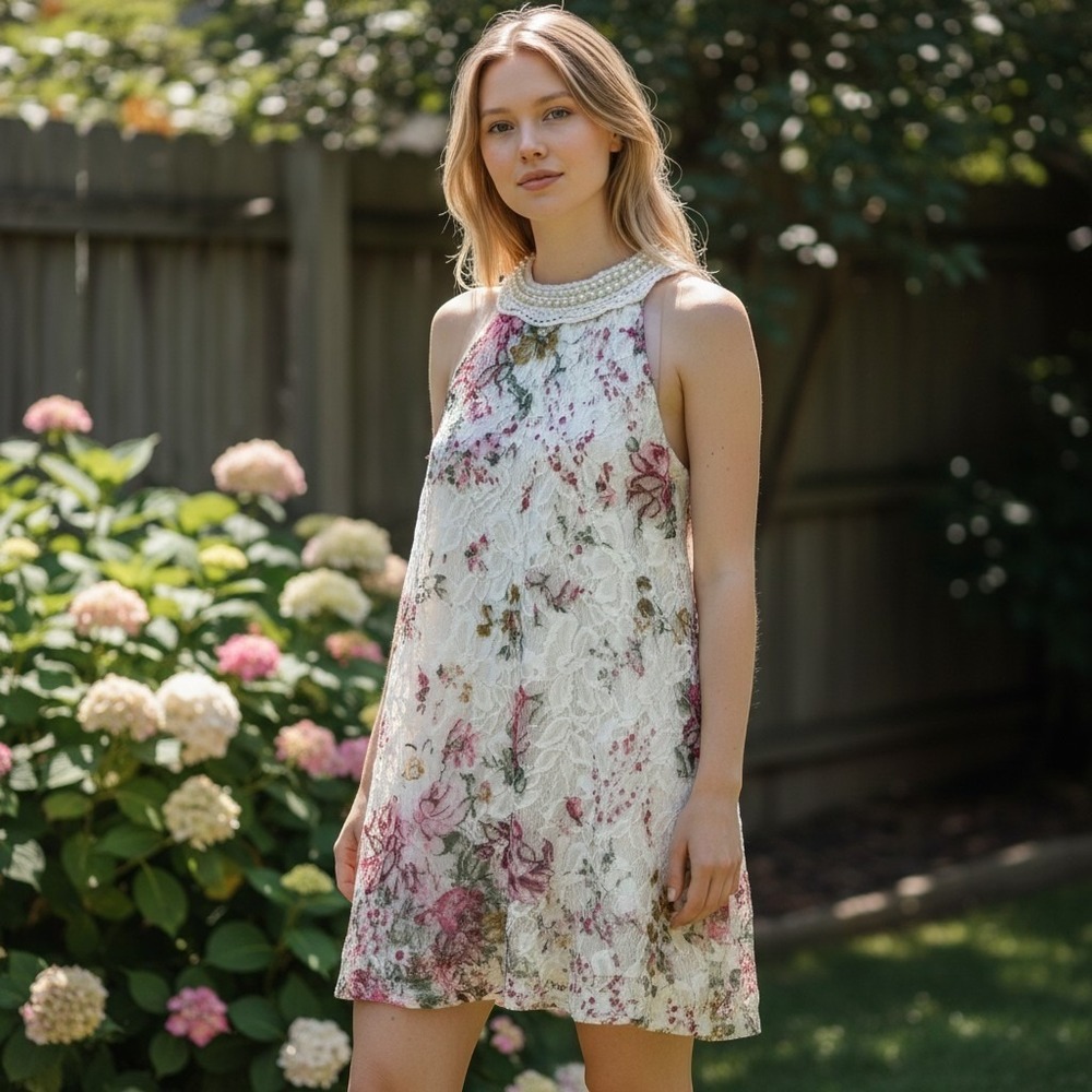 Made in Italy Floral Lace Pearl Collar Dress M/L Romantic Garden Cottage Chic
